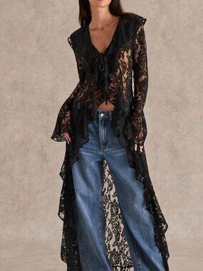 Black Elegant Women's Romantic Ruffled Lace Top Coat